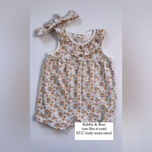 Rabbit & Bear Floral Baby Romper with Bow Headband